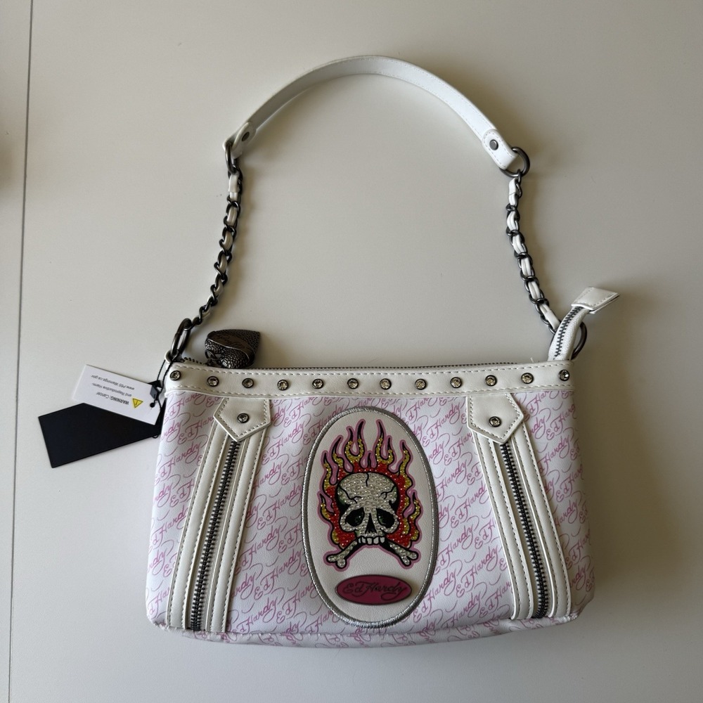 Ed Hardy Women's Flaming Skull Pink Shoulder Handbag Gothic Punk Y2K NWT‎